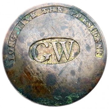 GWI 11-A GW IN OVAL CENTER BRASS 34.25MM R-1 1789 NO SHANK LYNN HARDING OUT HER KITCHEN DOOR AT 1777 Roscoe-Smith FARM HOUSE IN CORNISH, MAINE PD $720. 08-25-14 O1